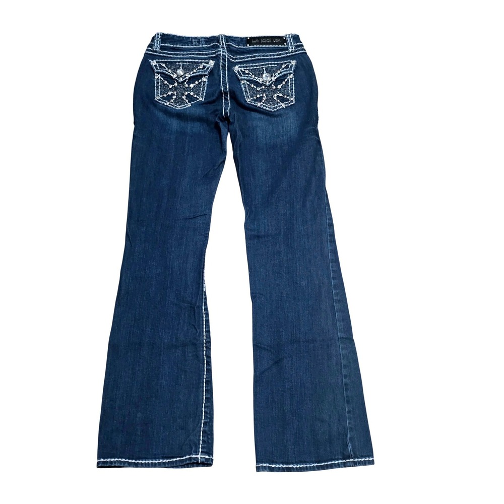 LA Idol USA Women Dark‎ Wash Rhinestone Cross Flare Jeans Thick Stitch Size 9